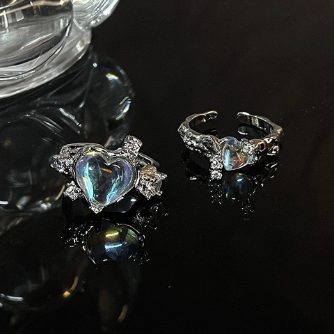 Iridescent Faux Moonstone Heart Open Ring For Women Silver Plated Copper Zircon Sweet Cool Y2K Style Adjustable Jewelry
