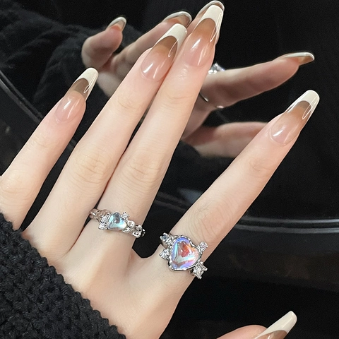 Iridescent Faux Moonstone Heart Open Ring For Women Silver Plated Copper Zircon Sweet Cool Y2K Style Adjustable Jewelry
