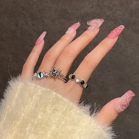 Anello Aperto in Rame con Pietra Occhio di Gatto Pipistrello Vintage Francese Design di Nicchia Gemma Bianca e Nera Regolabile