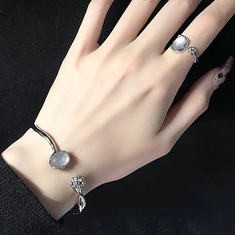 French Style Moonstone Flower Bud Open Bracelet And Cat Head Adjustable Ring For Women Silver Plated Zirconia Jewelry Set