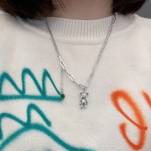 Vintage Kupfer Bär Anhänger Halskette Für Damen Versilbert Asymmetrische Kette Grün Zirkonia Pulloverkette Hip Hop Schmuck