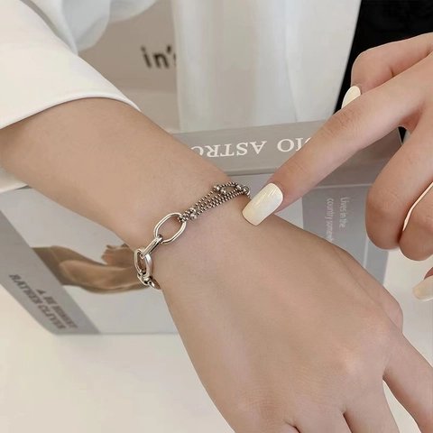 Bracciale Vintage in Argento con Giunzione per Donna Minimalista Catena di Perle Multistrato Grandi Maglie Ovali Placcato Argento 925 Gioielli Regalo Regolabile