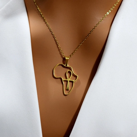 African Map Ankh Cross Pendant Necklace Stainless Steel Gold Plated Minimalist Ethnic Jewelry For Men Women Gift