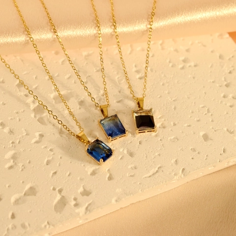 Geometrische Quadratische Edelstein Anhänger Halskette Vergoldet Edelstahl Blau Schwarz Rechteck Kristall Schmuck Für Damen