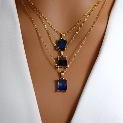 Geometrische Quadratische Edelstein Anhänger Halskette Vergoldet Edelstahl Blau Schwarz Rechteck Kristall Schmuck Für Damen