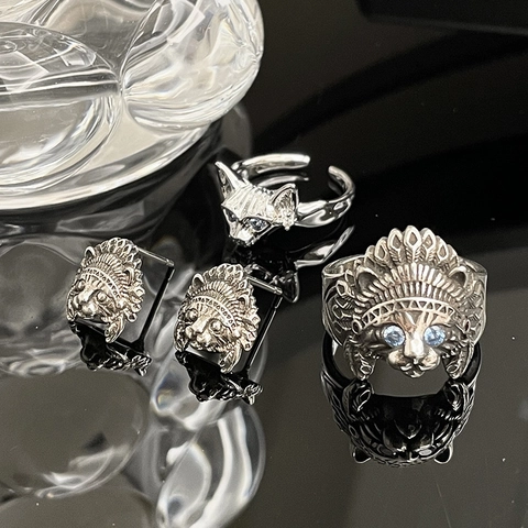 Vintage Indian Chieftain Cat Head Open Ring For Women Copper Blue Zirconia Punk Animal Cat Earring Fashion Jewelry Gift
