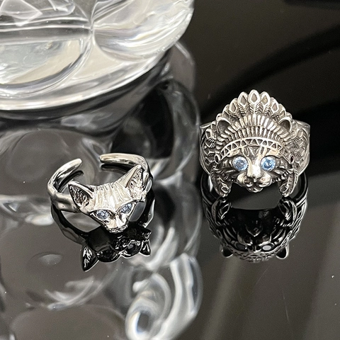 Vintage Indian Chieftain Cat Head Open Ring For Women Copper Blue Zirconia Punk Animal Cat Earring Fashion Jewelry Gift