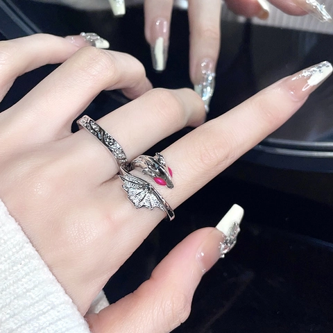 Vintage Copper Dragon Open Ring Gothic Punk Hammered Texture Adjustable Finger Ring For Men Women Hip Hop Jewelry Gift