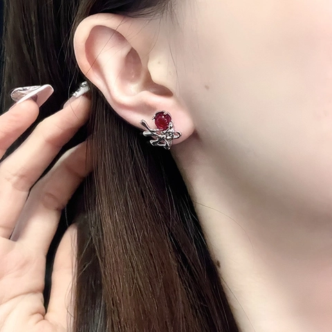Modern Liquid Metal Copper Stud Earrings With Moonstone Effect Iridescent Bead Red Gemstone Rabbit Style Jewelry For Women