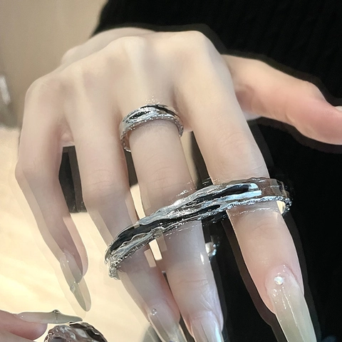Punk Irregular Lava Texture Silver Plated Alloy Open Bangle Bracelet And Ring For Men Women Vintage Minimalist Jewelry Gift