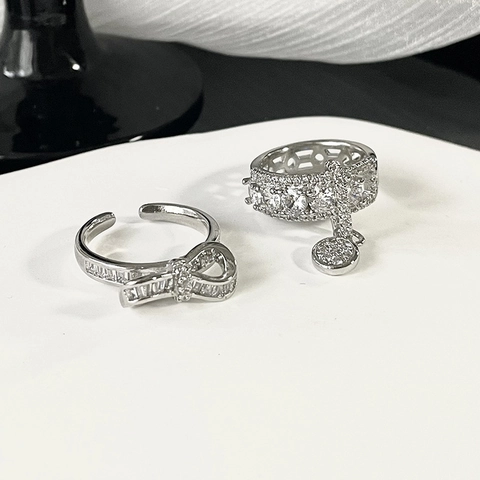 Lussuosi Anelli Regolabili Aperti In Zirconia Con Fiocco E Fibbia Di Cintura Per Donna Gioielli Di Moda In Lega Di Rame Placcati Argento
