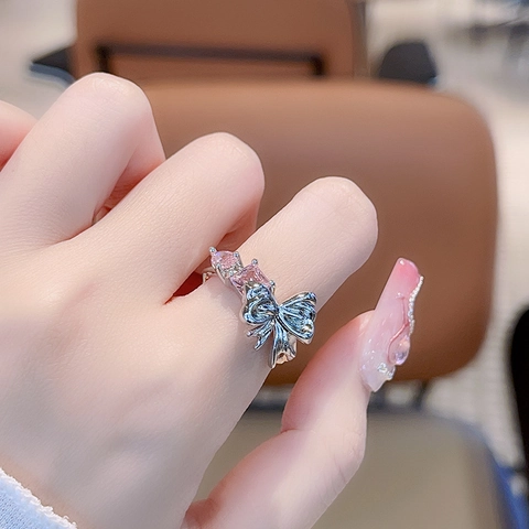 Rosa Zirkonia Süßer Cooler Stil Offener Ring Mode Leicht Luxus Verstellbarer Fingerring Für Damen Personalisierter Geometrischer Schleife Herz Schmuck Geschenk