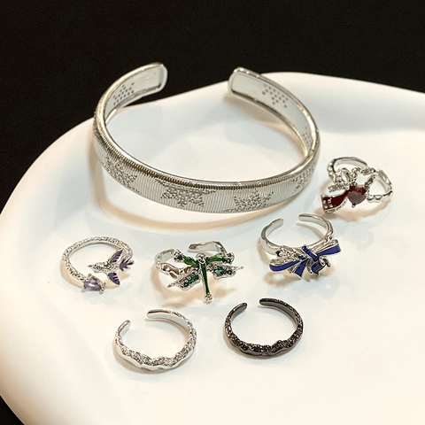 French Vintage Enamel Copper Open Ring For Women Multicolor Bow Bird Dragonfly Adjustable Zirconia Finger Ring Jewelry