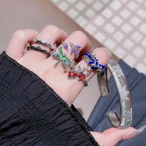 French Vintage Enamel Copper Open Ring For Women Multicolor Bow Bird Dragonfly Adjustable Zirconia Finger Ring Jewelry