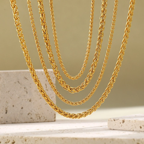18K Gold Plated Stainless Steel Wheat Chain Necklace For Women Minimalist Spiga Chopin Bone Chain Fashion Jewelry Every Day Gift
