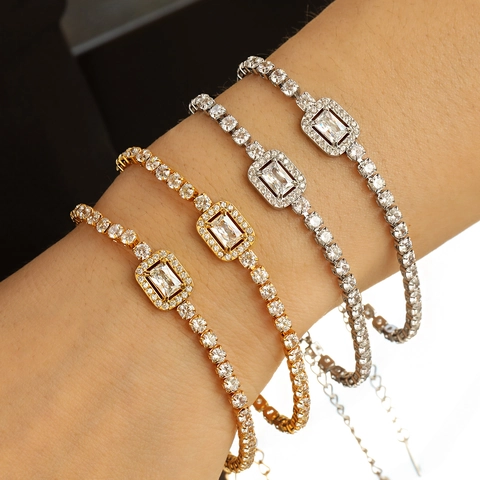 Luxury Titanium Steel Zirconia Bracelet Rectangle Halo Full Diamond Gold Silver Plated Adjustable Jewelry Gift For Women