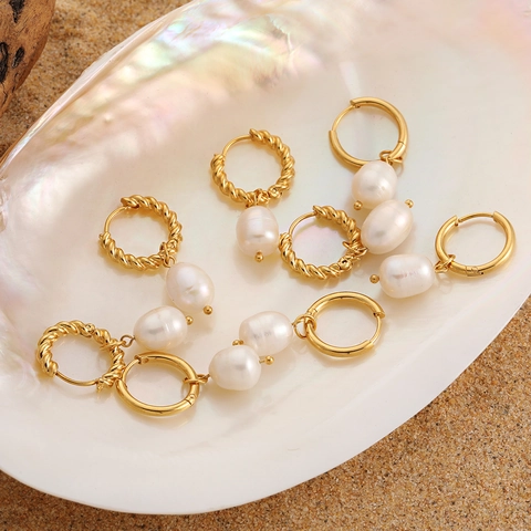 Boucles d'Oreilles Perles d'Eau Douce Vintage Français Acier Inoxydable Plaqué Or 18K PVD Créoles Torsadées Bijoux Mode Femme