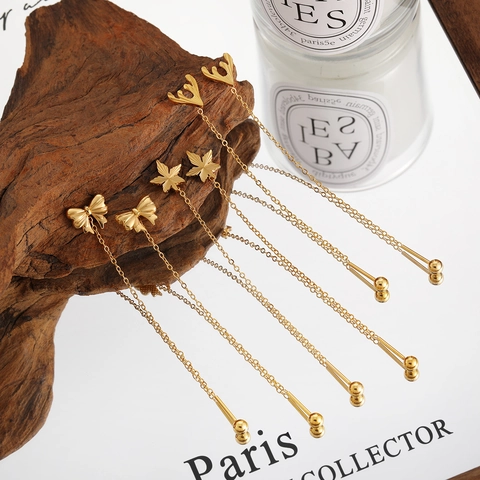 Korean Style Stainless Steel Gold Plated Bow Leaf Antler Tassel Ear Threads Long Chain Dangle Drop Earrings For Women