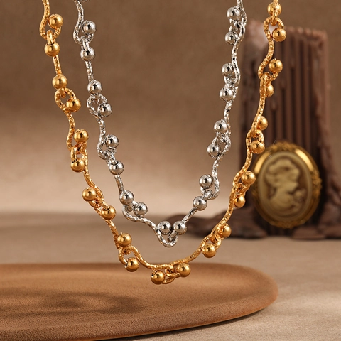 Women Stainless Steel Wave Beaded Chain Necklace PVD Gold Plated Knotted Twisted Link Necklaces Jewelry Accessories Gift