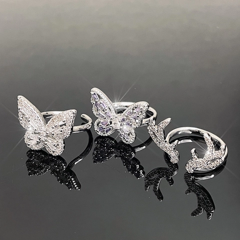 Luxus Kupfer Zirkonia Schmetterling Geweih Offener Ring Elegant Verstellbar Versilbert Fingerring Damen Mode Schmuck