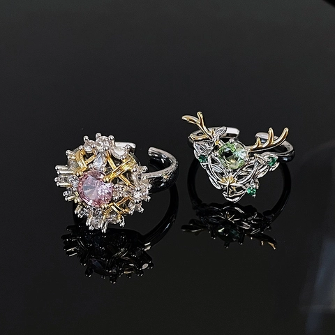 Leichter Luxus Kupfer Verstellbarer Offener Ring Damen Rosa Herz Schneeflocke Grüner Zirkonia Geweih Weihnachten Schmuck Geschenk