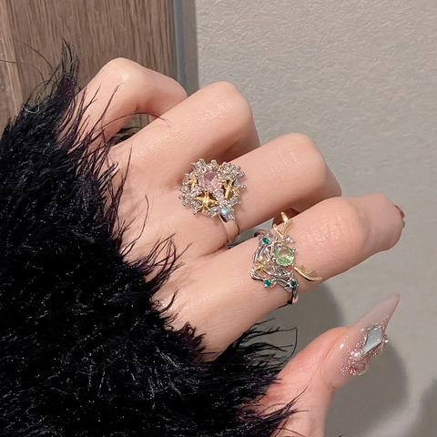 Leichter Luxus Kupfer Verstellbarer Offener Ring Damen Rosa Herz Schneeflocke Grüner Zirkonia Geweih Weihnachten Schmuck Geschenk