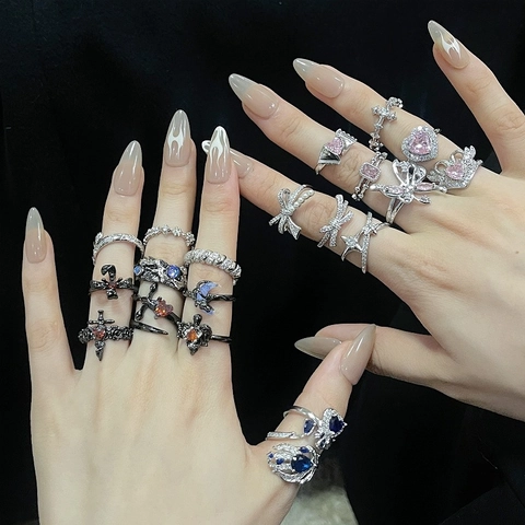Y2K Gothic Kupfer Zirkon Einstellbar Offen Ring Schleife Herz Kreuz Stern Design Modeschmuck Für Damen Täglich Party