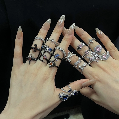 Y2K Gothic Kupfer Zirkon Einstellbar Offen Ring Schleife Herz Kreuz Stern Design Modeschmuck Für Damen Täglich Party