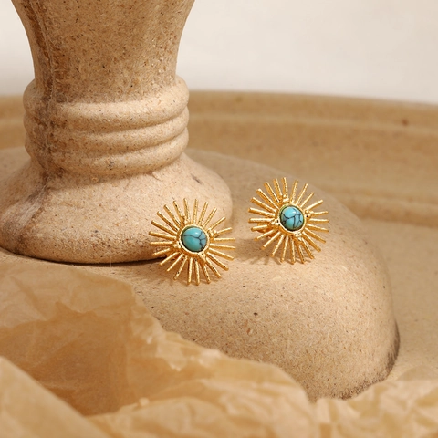 Boucles d'Oreilles Clous Tournesol Bohème pour Femmes Bijoux en Acier Titane Avec Incrustation de Turquoise Ronde Soleil