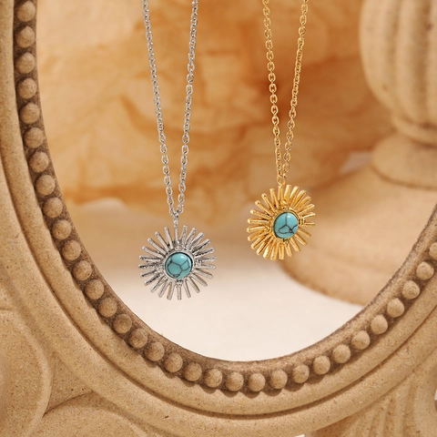 Bohemian Sunburst Turquoise Pendant Necklace Stainless Steel Sunray Sunflower Choker Jewelry For Women Daily Dating Gift