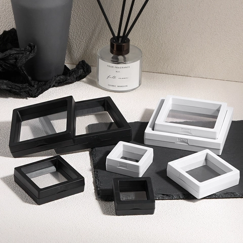 3D Zwevende PE Folie Sieradendoos Vierkante Plastic Display Box Voor Sieraden Munten Stofdicht Anti-Oxidatie Frame Opbergdoos
