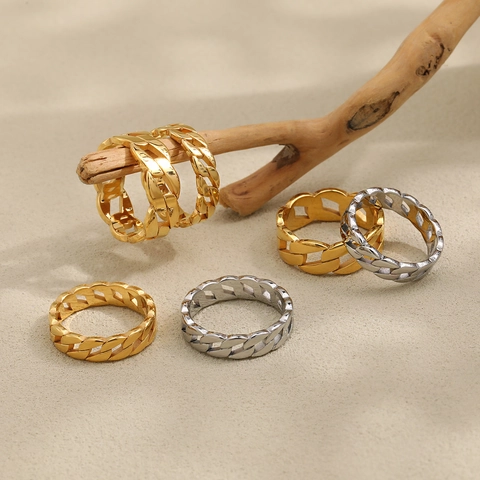Bague Chaîne Maillon Cubain en Acier Titane Mode Pour Hommes Femmes Plaqué Or Argent Bague Large Étroite Unisexe Bijoux