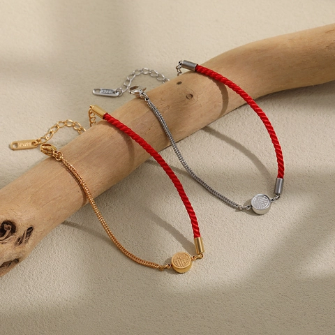 Chinese Style Red String Patchwork Bracelet For Women Men Fu Character Charm Titanium Steel Gold Silver Plated Hand Rope