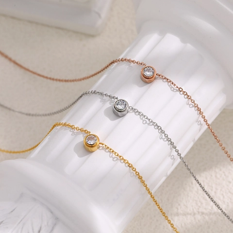 Minimalist Titanium Steel Zircon Pendant Necklace Bezel Set Round Stone Thin Cable Chain Jewelry For Women Gift