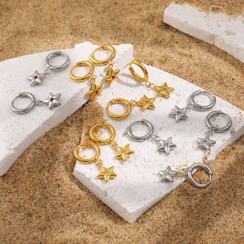 Orecchini Pendenti a Stella Pentagramma in Acciaio Inossidabile di Moda Intarsiati con Zirconi Colorati Orecchini a Cerchio Placcati in Oro 24K per Gioielli da Donna