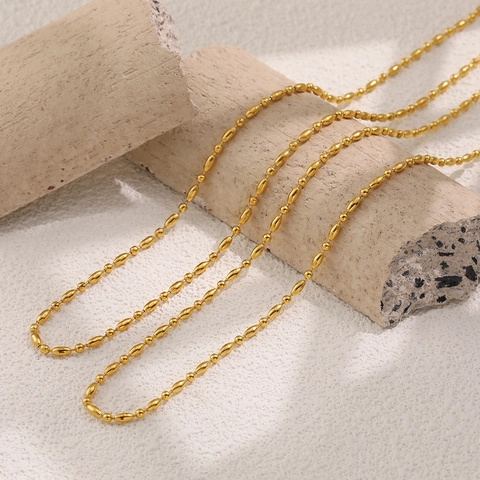 Stainless Steel Beaded Necklace For Women 18K Gold Plated PVD Oval And Round Rice Bead Chain Minimalist Fashion Jewelry