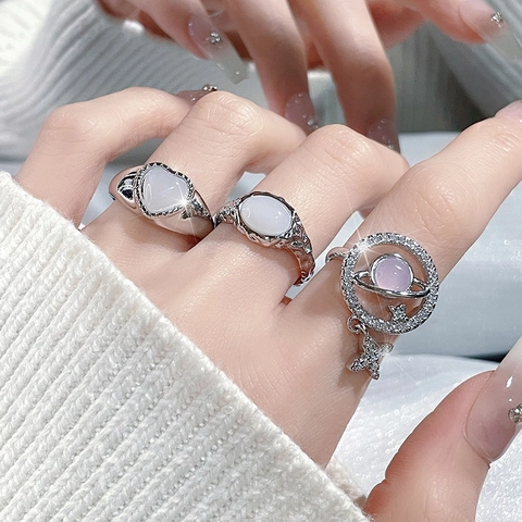 Neuer Chinesischer Stil Saturn Zirkon Stern Offener Ring Für Damen Herz Synthetischer Mondstein Verstellbarer Kupfer Fingerring Schmuck
