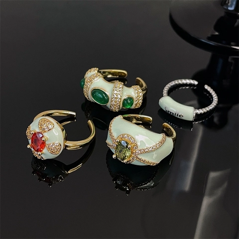 Bague Ouverte en Cuivre Vintage Vert Menthe Émaillé Zirconia Rétro Industrie Lourde Ajustable Pour Femme Bijoux