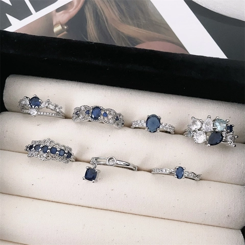 Vintage Copper Aquamarine Blue Zirconia Open Adjustable Ring For Women Elegant Light Luxury Fashion Jewelry Finger Ring