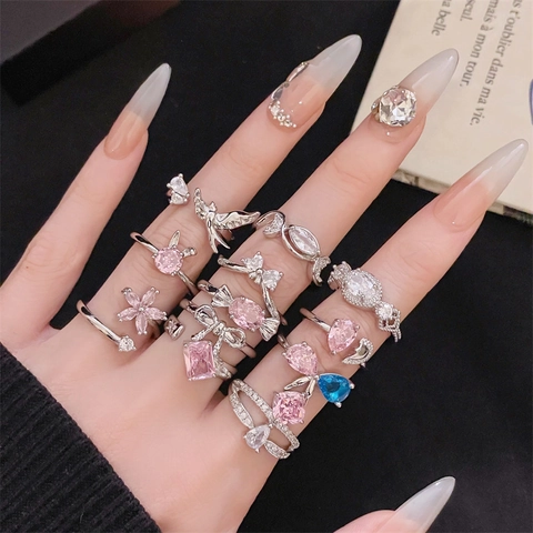 Eleganter Kupfer Zirkonia Blume Schleife Herz Offener Ring Für Damen Rosa Blau Weißer Stein Verstellbarer Fingerring Schmuck