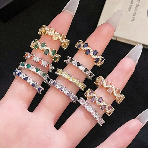 Fashion Copper Colorful Zirconia Adjustable Open Ring Gold Silver Plated Wave Geometric Inlaid Ring For Women Party Jewelry