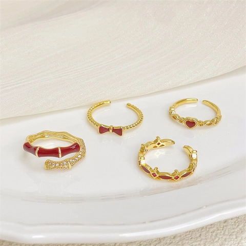 Vintage Copper Red Enamel Open Rings For Women Adjustable Zirconia Heart Bow Knot Bamboo Style Medieval Palace Jewelry