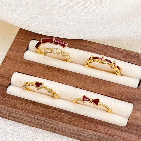 Vintage Copper Red Enamel Open Rings For Women Adjustable Zirconia Heart Bow Knot Bamboo Style Medieval Palace Jewelry