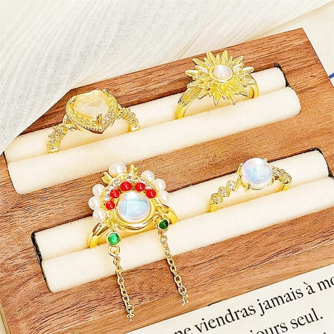Vintage Ethnic Peking Opera Crown Ring For Women Gold Plated Copper Faux Moonstone Heart Sunburst Tassel Adjustable Ring