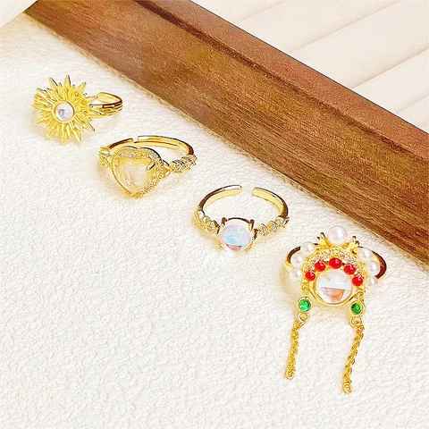 Vintage Ethnic Peking Opera Crown Ring For Women Gold Plated Copper Faux Moonstone Heart Sunburst Tassel Adjustable Ring