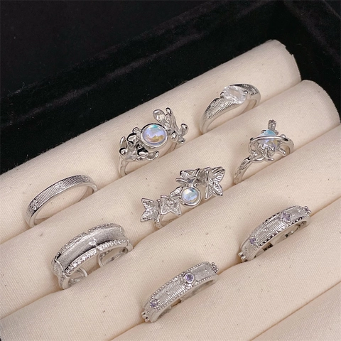 French Vintage Copper Open Ring For Women Brushed Texture Zircon Faux Moonstone Planet Flower Adjustable Finger Ring