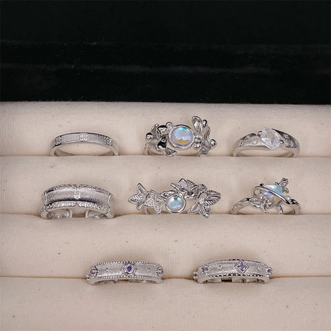 French Vintage Copper Open Ring For Women Brushed Texture Zircon Faux Moonstone Planet Flower Adjustable Finger Ring