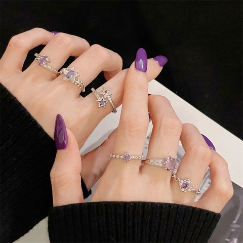 Anillo Ajustable Abierto de Cobre con Circón Púrpura de Lujo Ligero para Mujer Elegante Vintage Flor Estrella Geométrico Lleno de Strass Joyería Regalo