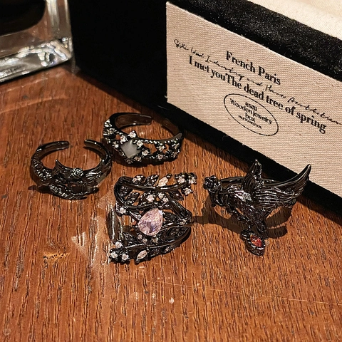 Gothic Dunkel Rabe Kupfer Offener Ring Für Damen Punk Verstellbar Krähe Zirkonia Ring Vintage Schwarz Blumenranke Schmuck
