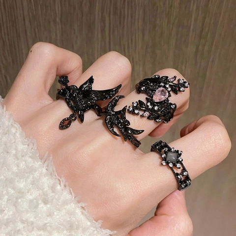 Gothic Dunkel Rabe Kupfer Offener Ring Für Damen Punk Verstellbar Krähe Zirkonia Ring Vintage Schwarz Blumenranke Schmuck
